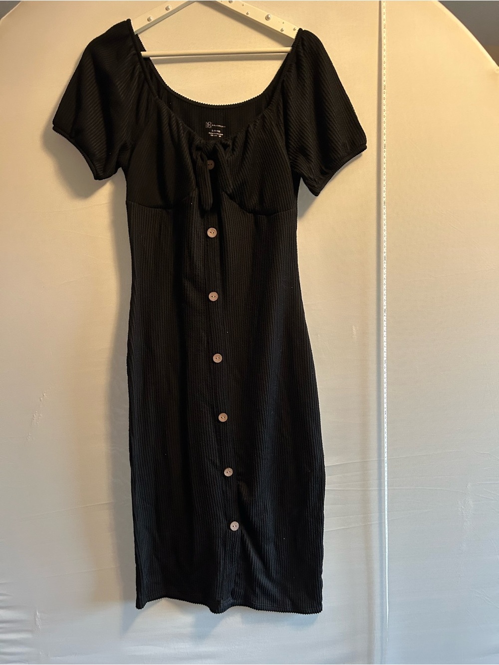 No Boundaries Black Button-Front Midi Dress with Tie Bust